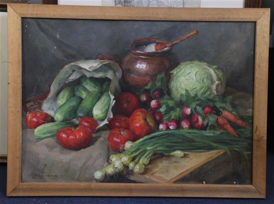 Nikolai Kalmykov (1924-1994) Still life of vegetables on a table top 19 x 26.5in.